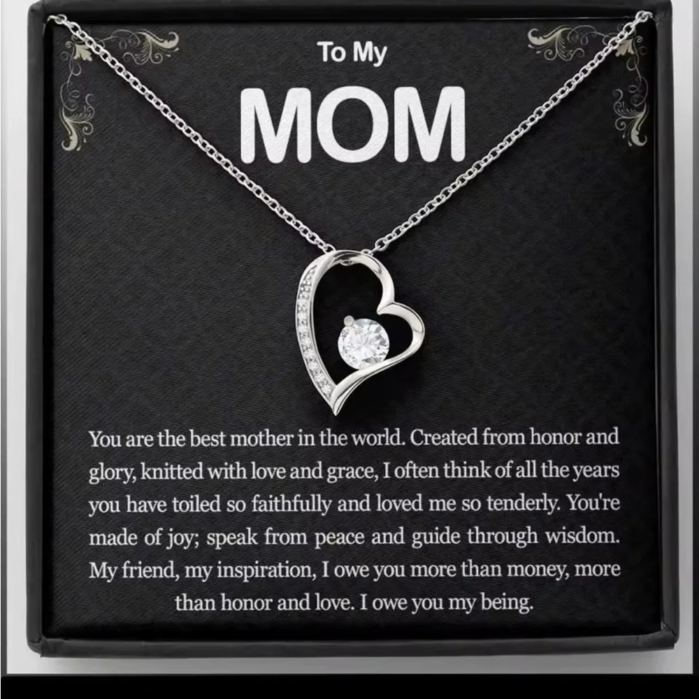 Mom Heart Necklace Gift Set–CZ Pendant with Message for Mother’s Day or Birthday